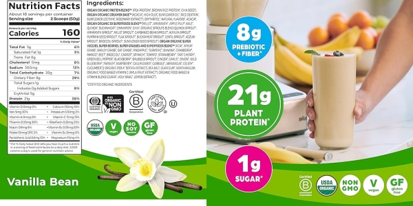 Purchase Orgain Organic Plant Based Protein + Superfoods Powder, Vanilla Bean - Vegan, Non Dairy, Lactose Free, No Sugar Added, Gluten Free, Soy Free, Non-GMO, 2.02 Lb on Amazon.com