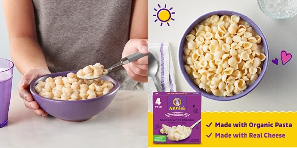 Purchase Annies White Cheddar Shells Macaroni & Cheese Dinner with Organic Pasta, Kids Mac & Cheese Dinner, 6 OZ, 4 Count (Pack of 4) on Amazon.com