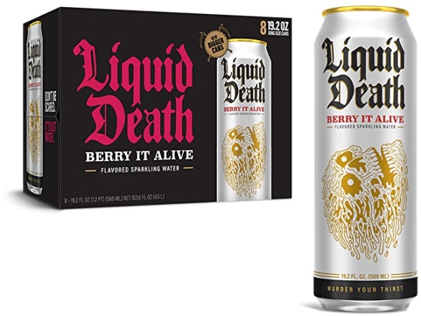Purchase Liquid Death Flavored Sparkling Water with Agave, Berry It Alive, 19.2 oz King Size Cans (8-Pack) on Amazon.com