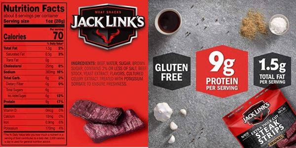 Purchase Jack Link's Steak Strips, Beef Jerky, Original Flavor, Snack Bags, Extra Thick Cut Protein Snacks, 8 Oz (Pack Of 2) on Amazon.com