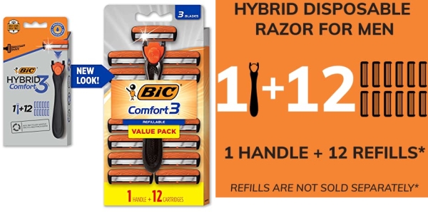 Purchase BIC Comfort 3 Hybrid Men's Razor, 1 Handle 12 Cartridges on Amazon.com