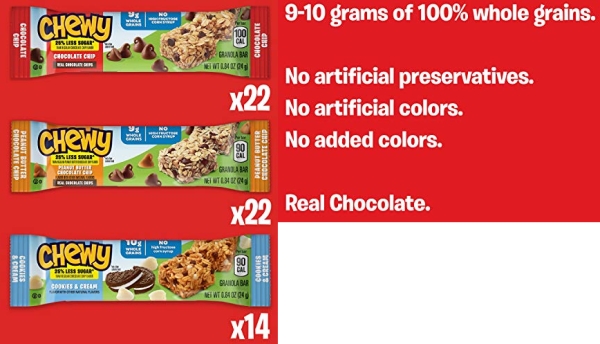 Purchase Quaker Chewy Granola Bars, 25% Less Sugar 3 Flavor Variety Pack (58 Bars) on Amazon.com