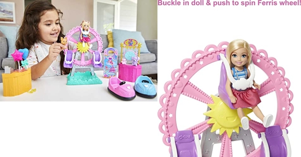 Purchase Barbie Club Chelsea Carnival Playset with Blonde Small Doll, Pet & Accessories, Spinning Ferris Wheel, Bumper Cars & More on Amazon.com