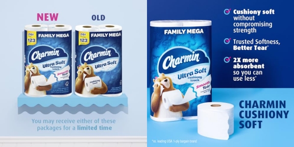Purchase Charmin Ultra Soft Cushiony Touch Toilet Paper, 24 Family Mega Rolls (Equal to 123 Regular Rolls) on Amazon.com