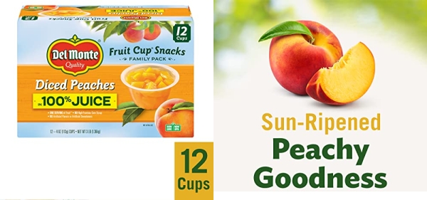 Purchase DEL MONTE Diced Peaches FRUIT CUP Snacks in 100% Fruit Juice, 12 Pack, 4 oz on Amazon.com
