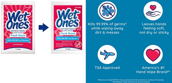Purchase Wet Ones Antibacterial Hand Wipes, Fresh Scent, Individually Wrapped, 24 ct. (6 pack) on Amazon.com