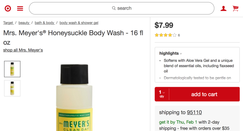*HOT HOT HOT* Mrs. Meyer's Body wash, Honeysuckle, 16 fl oz as low as $3.18 (reg. $7.99)